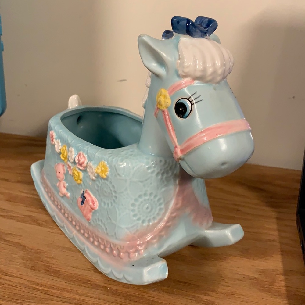 Vintage Napco Blue rocking horse planter